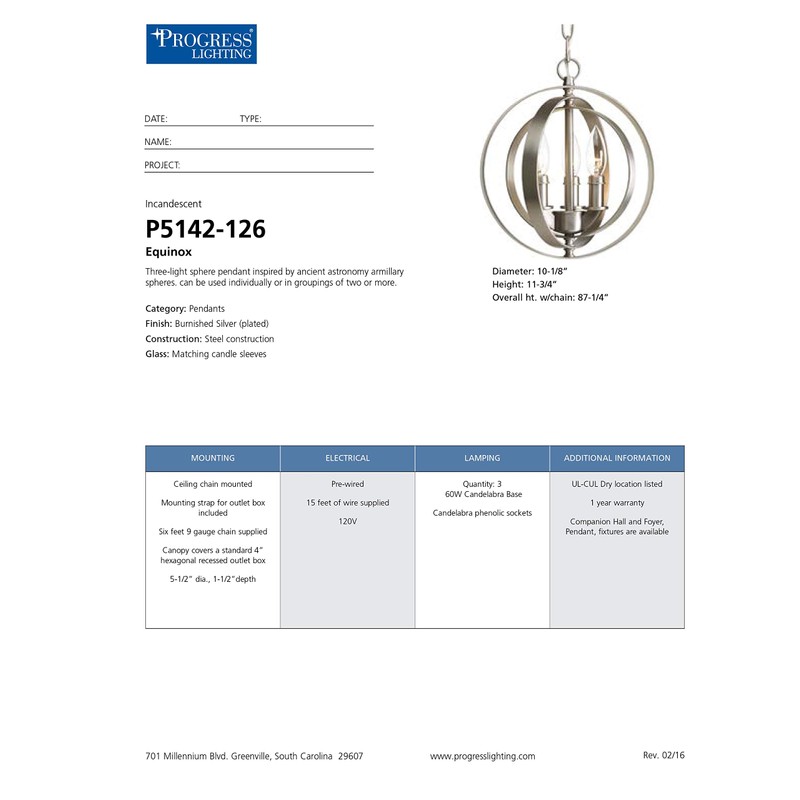 Progress Lighting P5142-126 Pendants, Burnished Silver