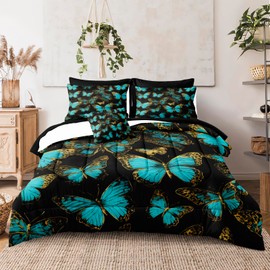 Aqua Butterfly Comforter Set Boho Chic Bed in a Bag King Size Black Gold Butterflies Blue Aqua Printed Design Super Soft Fluffy Bedding Set with Comforter and Sheet Set