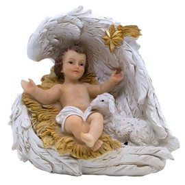 Importadores de regalo de pueblo infantil Jesús y cordero blanco descansando en las alas de ángel | Luces | Dulce decoración de Navidad para el hogar y la oficina | Decoración cristiana de día festivo