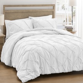 UNIKOME Queen Comforter Set White - Lightweight Soft Pintuck Down Alternative Bedding Set for Summer, All Seasons, 3 Pieces Pinch Pleat Solid Bed Set with Comforter, 2 Pillowcases