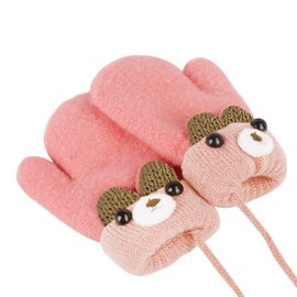 Faxianther Toddler Kids Cute Bear Knitting Gloves Baby Girls Boys Winter Warm Thicken Plush Lining Full-Fingered Gloves Mittens Outdoor Short Mitts Hands Warmer With String