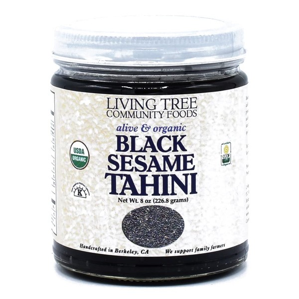 Living Tree Alive & Raw Organic Black Tahini, Made From Organic Unhulled Black Sesame Seeds, Great as a Paste for Hummus, Sauces and Dressings, Robust and Enlivening Taste - 8 Ounce Jar