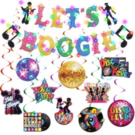 Epakh 35 Pcs Disco Birthday Party Decorations 70s Party Banner and Hanging Swirls Disco Ceiling Hanging Decor with LED Color Lights for Adults Back to 70s 80s Party Rock Hip Hop Party Supplies