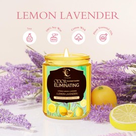 Odor Eliminating Lemon Lavender Scented Candles for Women and Men, 50 Hours Long Lasting Aromatherapy for Home, 7oz Non Toxic Soy Wax Jar Candles for Anxiety and Stress, Ideal for Pet and Smoke Odors