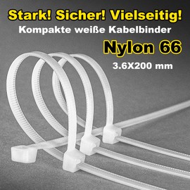 Nylon Cable Ties, White, 3.6 x 200 mm, Pack of 100, Tear Resistance up to 18 kg, UV-Resistant, Self-Locking, Versatile for Home, Workshop, Garden, Cable Management