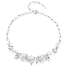 HONEY BEAR Bridal Jewellery Sets Necklace and Earrings Set for Womens Wedding, Simulated Pearl and Rhinestones,Silver