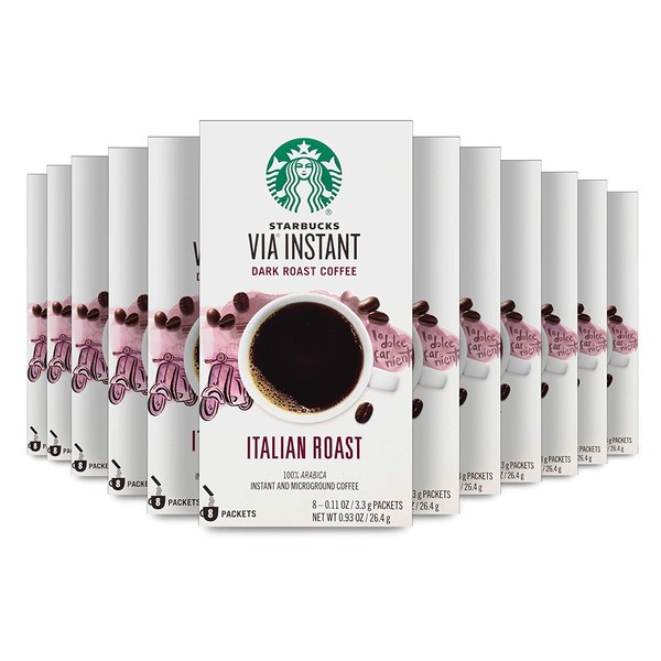 Starbucks VIA Instant Coffee Dark Roast Packets — Italian Roast — 100% Arabica - 8 Count (Pack of 12)