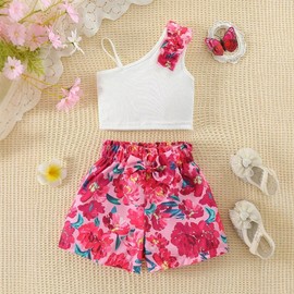 HEOXIN Girls' Clothing, One-Shoulder Top + Shorts with Tropical Plants/Floral Print and Bowknot, Sleeveless Two Piece Summer Outfit for Girls, Green/White/Red/Pink, Red, 4-7 Years, White