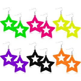 Yinkin 6 Pairs 80s 90s Neon Earrings for Women Retro Acrylic Drop Dangle Earrings Colorful 80s Outfit Neon Accessories for 80's Glow Party Cosplay Costume Jewelry Gift(Star)