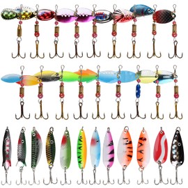 30pcs Metal Fishing Lures Spinnerbait Kit Trout Spoon Lure Colorful Casting Roostertail Spinner Baits Minnow Crankbait with Treble Hooks for Trout Bass Salmon Walleye