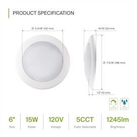 ASD 6 Pack LED Disk Lights 6 Inch, 15W 5CCT 2700K-5000K 1245LM CRI90+, Dimmable Flush Mount Ceiling Light Fixture, Low Profile Surface Mount Disc Lights, Junction Box or Recessed Can Install, UL