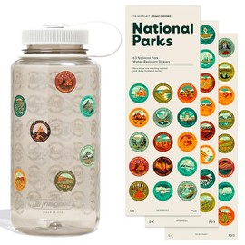 THE GEOPROJECT National Parks Plastic Water Bottle with Waterproof Stickers Kit, Light Weight and Wide Mouth Lid 32oz (Tan + Sunshine Sticker Pack)