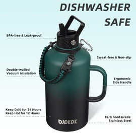 BJPKPK 2/3 Gallon Water Bottle Insulated with Straw Lid, 50oz,64oz,87oz,128ozLarge, Stainless Steel Water Bottles with 3 Lids and Paracord Strap,Double Wall Vacuum Metal Water Jug,Army Green&Black