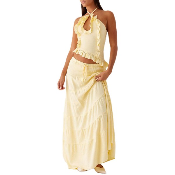 Yiulangde Y2k Ruffle Long Skirt Sets for Women 2 Piece
