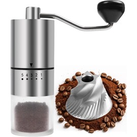 Molinillo de café manual de rebabas de acero inoxidable para goteo, prensa francesa, 5 ajustes ajustables, molino de mano con rebabas integradas, para uso doméstico y camping (rebabas de acero