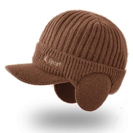 YAMEE Men's Winter Hat Knitted Cap Winter Cap Women's Knitted Hat Beanie with Peaked Cap Peaked Cap with Ear Flaps Men's Ear Protection, 9125/Brown