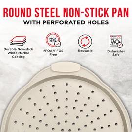 Bakken Pizza Baking Pan - Round Perforated Carbon Steel Pan with Non-Stick Marble Coating, Oversized Silicone Handle, Dishwasher Safe, High-Temperature Resistant, Durable & Easy Cleanup White, 2 Pack