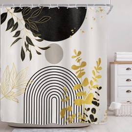 Riyidecor Black Gold Mid Century Modern Shower Curtain for Bathroom Decor 72Wx72H Boho Abstract Gold Leaves Minimalist Geometric Arch Sun Art Printed Fabric Polyester Waterproof 12 Pack Plastic Hooks