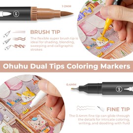 Ohuhu Dual Tip Colouring Pens Brush Pens, 60 Felt Tip Pens for Adults Colouring Books, Art Marker With Fineliner for Colouring Drawing Calligraphy Sketching Journal, Non-Bleed Non-Toxic