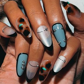 Sethexy 30Pcs Black French Tip Press on Nail Short Almond Leopard Print False Nail Cat Eye Glossy Fake Nails Reusable Acrylic Stick on Nails for Women and Girls