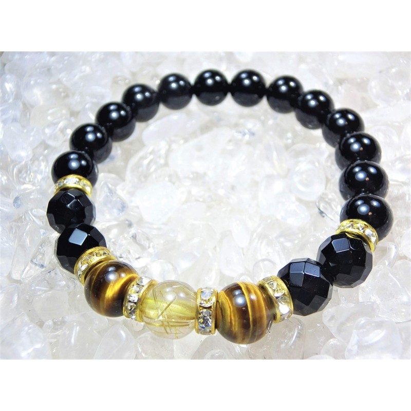 Gold Rutilated Quartz Tiger Eye Power Stone Bracelet, Men's [Natural