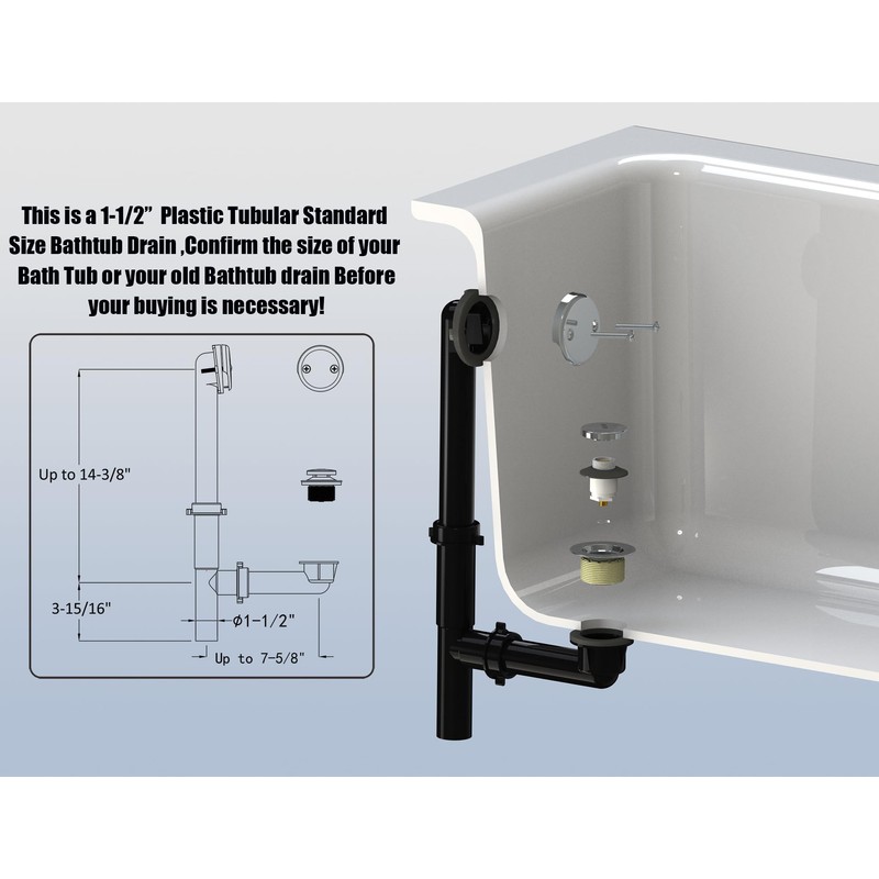 Artiwell 1-1/2" Black Tubular Bath Drain Kit with Tip-Toe Bath