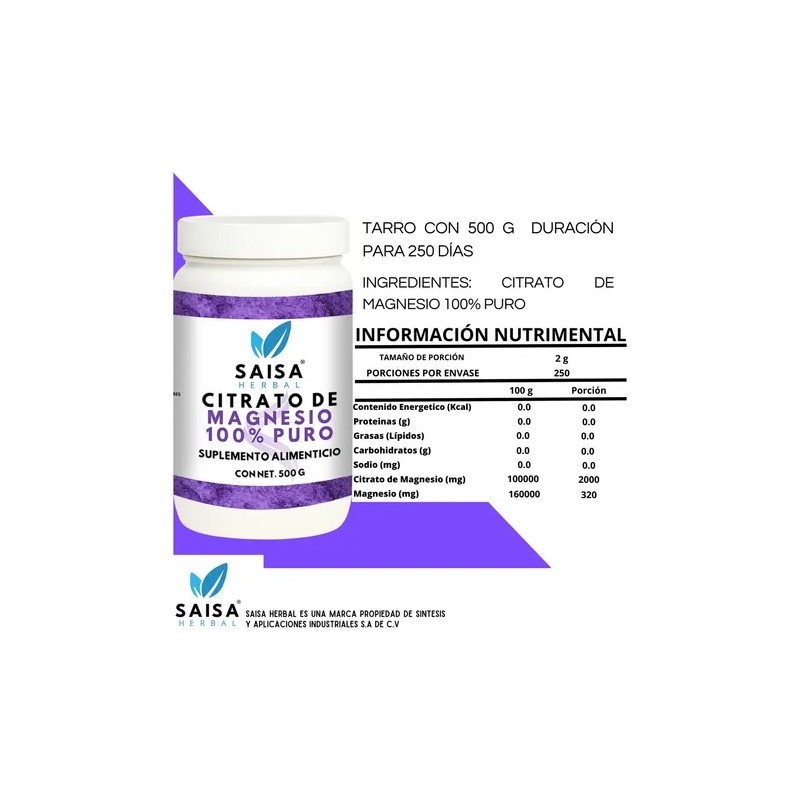 Citrato De Magnesio 500 g Suplemento Alimenticio Sin Sabor Saisa