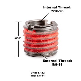 E-Z Lok Externally Threaded Insert, 303 Stainless Steel, 7/16"-20 Internal Threads, 5/8"-11 External Threads, 0.656" Length, Made in US (Pack of 5)