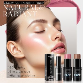 HOSAILY 3 Pcs Clear Highlighter Cream Contour Blush Stick Trio Set, Long Wear Waterproof Dewy&Matte Finish Bronzer Pen, Smooth Natural Face Contouring Pen for Sculpt Cheek, Professional Makeup Kit