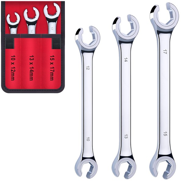 3-Piece Premium Double-End Metric Flare Nut Wrench Set, Size 10, 12, 13, 14, 15, 17mm | Cr-V Steel, 6-Point Head, 15° Offset Design | Perfect Line Wrench for Fuel, Brake, Air Conditioning and More