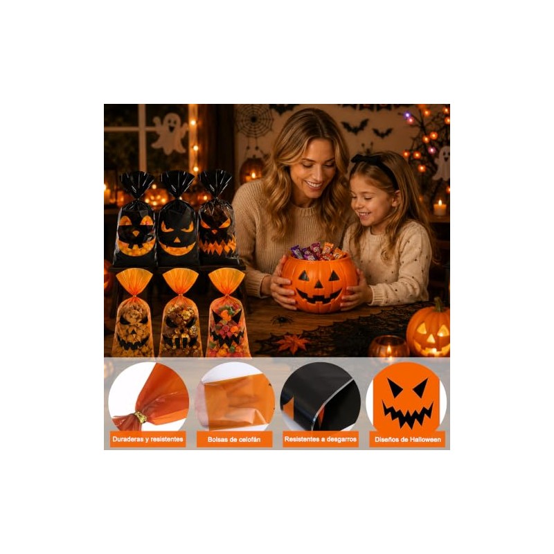 180pzs Bolsas de Dulces Halloween Cara de Calabaza Negro y