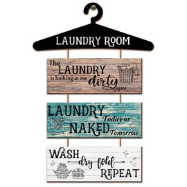 Laundry Room Decor 4 Pieces Wooden Laundry Room Signs Wall Decor Funny Laundry Room Signs Vintage Laundry Room Wash Dry Fold Repeat Signs Farmhouse Laundry Rustic Wall Decor (Brown, Blue, White)