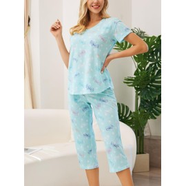 PNAEONG Women’s Pajama Set - Sleepwear Tops with Capri Pants Casual and Fun Prints Pajama Sets SY215-Dragonfly-3XL
