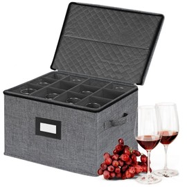 Wine Glass Sorage Box, Stemware Storage Cases with dividers, Hard Shell China Storage Containers 12 Cells for long stem, Stackable Crystal Glassware Storage with Label Window, Handles (Dark Grey)