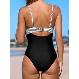 CUPSHE Women's One Piece Swimsuit V Neck Bathing Suit Twist Ruched Front Keyhole Back Cutout Back Hook, M Black/White/Stripe