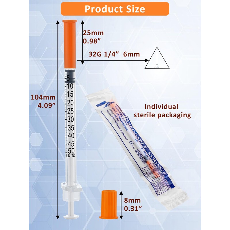 100 Pack 0.5ml Disposable Syringe, 32G 0.5cc 1/4 Inch (6mm)