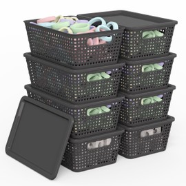 Anywish Plastic Storage Baskets With Lid, Storage Bins for Organizing, Stackable Decorative Containers for Shelves Drawers Desktop Closet Playroom Classroom Office, 8 Pack-Grey