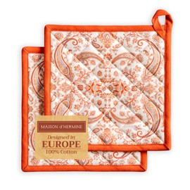 Maison d' Hermine Pot Holders Set 100% Cotton Heat Resistant Potholders 8" x 8" Hot Pads with Loop for Thanksgiving Christmas Decorations BBQ Cooking Baking Handling Hot Pans (Pack of 2, Cachemire)