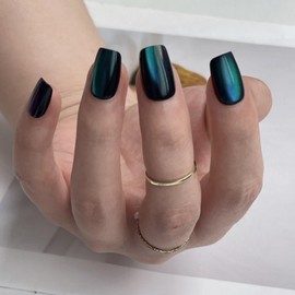 Cats Eye Press on Nails Black Green Gradient Fake Nails Short Square False Nails Glitter Designs Acrylic Nails Full Cover Stick on Nails for Women Nails Manicure Decoration 30 Pcs