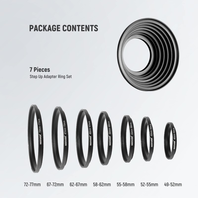 NEEWER® Filter Step Up Ringe-Set 49-52-55-58-62-67-72-77mm-49mm 7pcs 77mm Sonnenblende