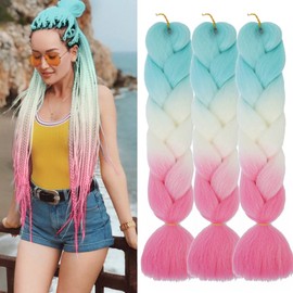 AFNOTE Ombre Braiding Hair Extensions 24 Inch 3 Packs Synthetic High Temperature Rainbow Jumbo Braiding Hair Twist Crochet Braids Hair for Women(C53)