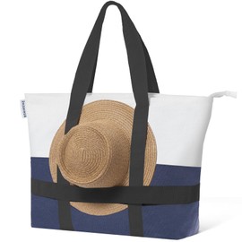 Reiseresa Beach Bag with Zipper, Beach Tote Bag for Women, Large Beach Bag with Hat Holder Strap, Canvas Blue