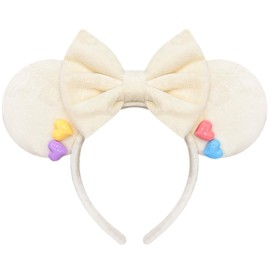 Nahalesy Colorful Hearts Mouse Ears Headband for Women Cute Fuzzy White Bows Headband for Women