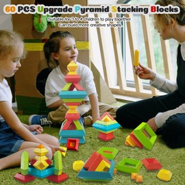Montessori Toys for 1 2 3 4 5 6 Year Old, 60 PCS Stacking Toys Building Blocks for Toddlers 1-3 3-5, Stem Preschool Educational Fine Motor Sensory Pyramid Learning Activities for Kids Age 2-4