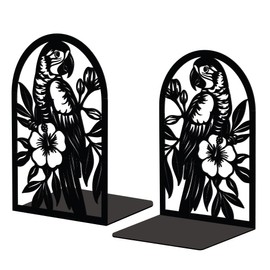 Peacoblue Metal Bookends for Shelves, Modern Decorative Heavy Duty Study Book Support Stoppers for Office, Desk, Shelf, Room 5.3"x4.3"x7.9" Cast Iron Simple Tall Bookends, 1 Pair (Parrot with flowers)