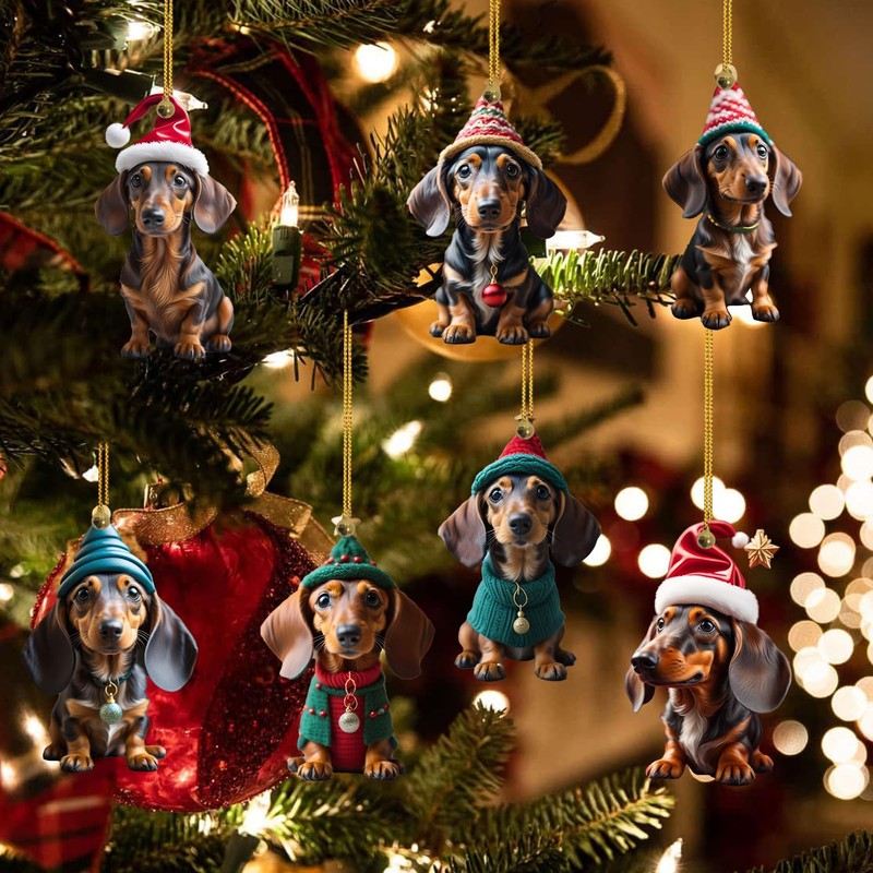 Pack of 7 Dachshund Christmas Tree Decorations Cute 2D Acrylic