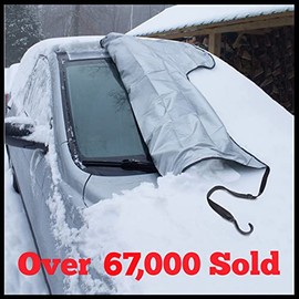 SnowOFF Windshield Snow Ice Cover - Custom Made Premium Quality Car Window Cover Silver - Windproof Straps, Magnets - Bonus Items - Universal Winter Rain Frost Automotive Snow Screen Guard - 2 Sizes