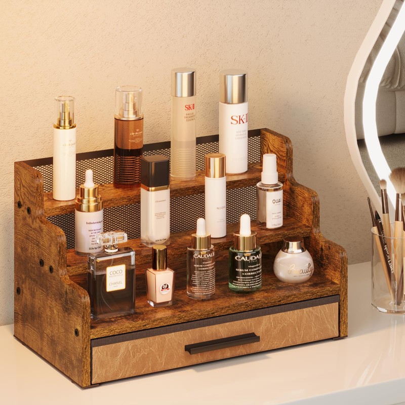 Yuzehuaza 3 Tier Perfume Organizer with Drawer，Wooden Cologne Organizer for