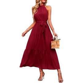 PRETTYGARDEN Women's Summer Maxi Sun Dress Sleeveless Halter Neck Flowy Ruffle Hem Long Boho Dresses with Belt (Solid Wine Red,Medium)