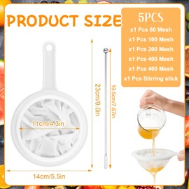 VIDSTW Set of 4 Fine Sieves with 1 Stirring Rod Fine Sieve Ultra Fine Mesh 80/100/200/400 Mesh Nylon Sieve with Handle Strainer Kitchen Food Fine Strainer for Juice Milk Coffee